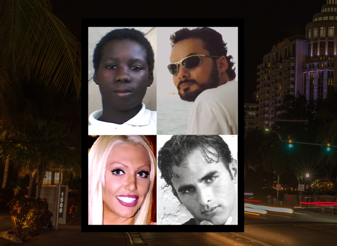 Four victims of homicides in South Florida depicted in a collage, set against the background of a Miami cityscape