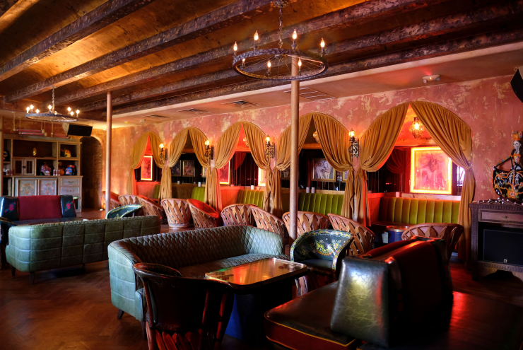 A dining room with couches