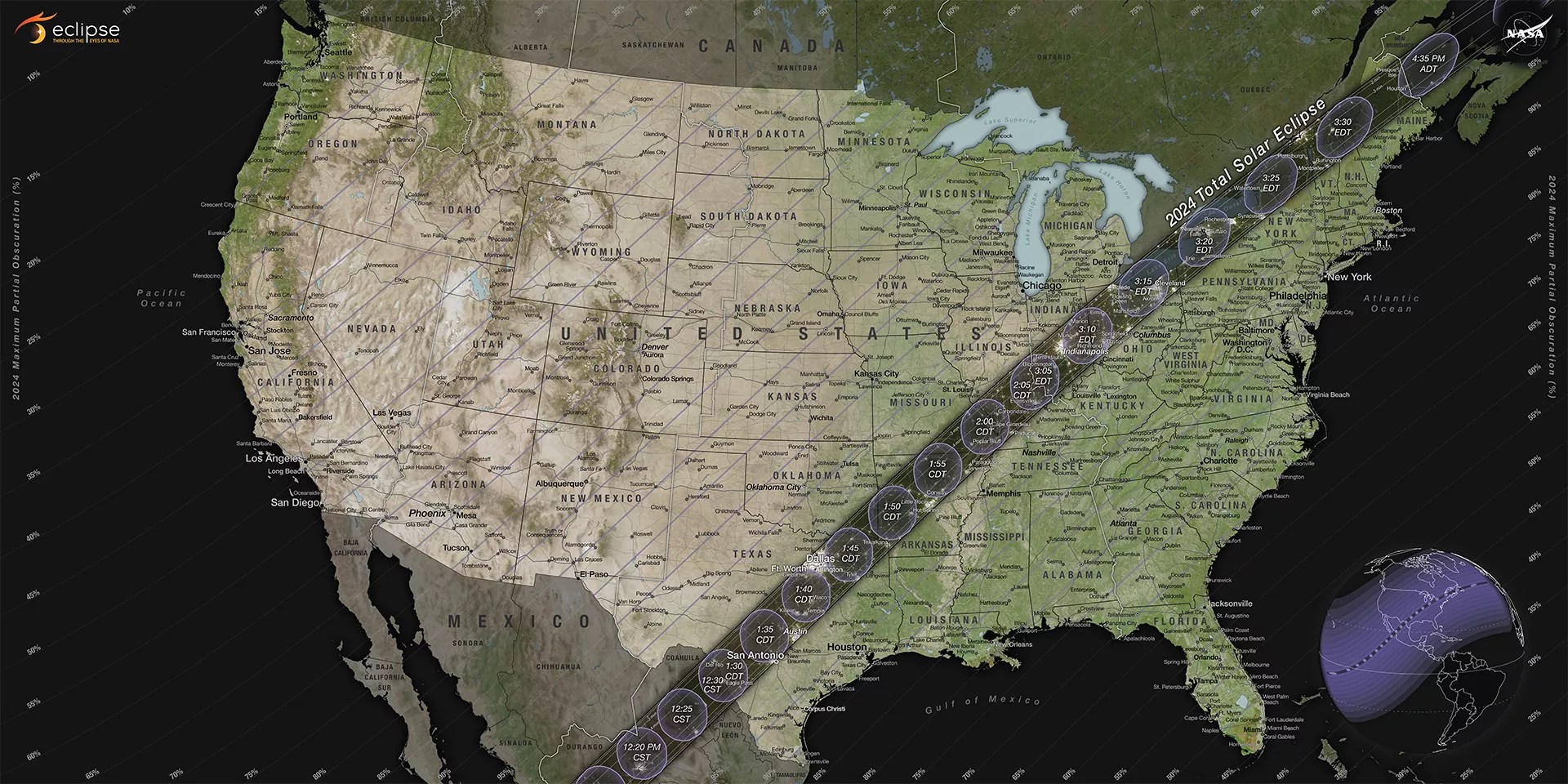 A NASA map showing the path of totality and partial contours crossing the U.S. for the April 8, 2024, total solar eclipse.