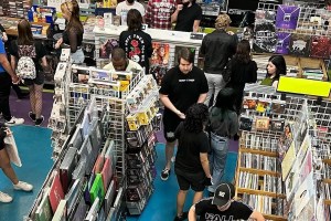 Overhead picture of customers inside a record store