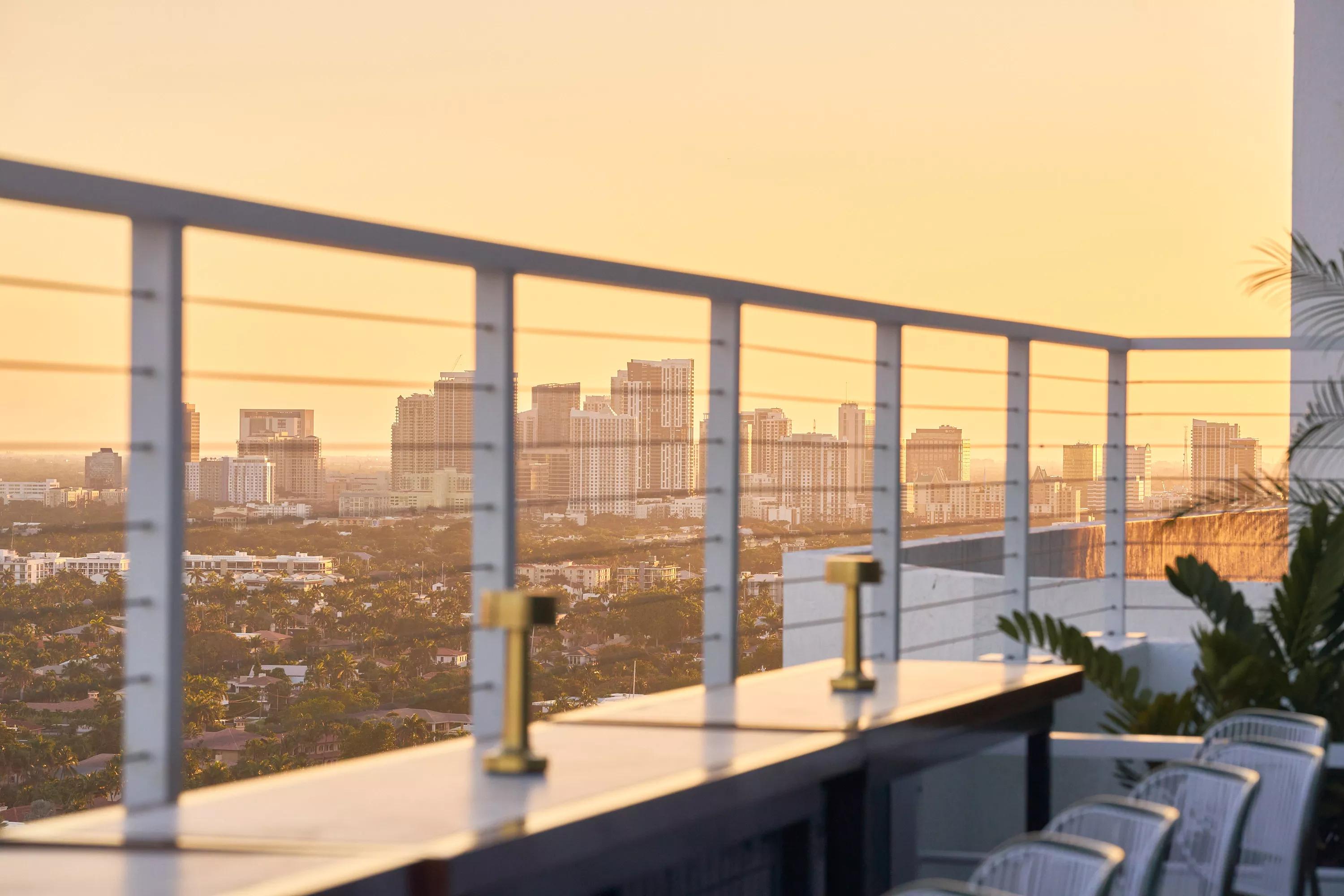 A balcony with tables