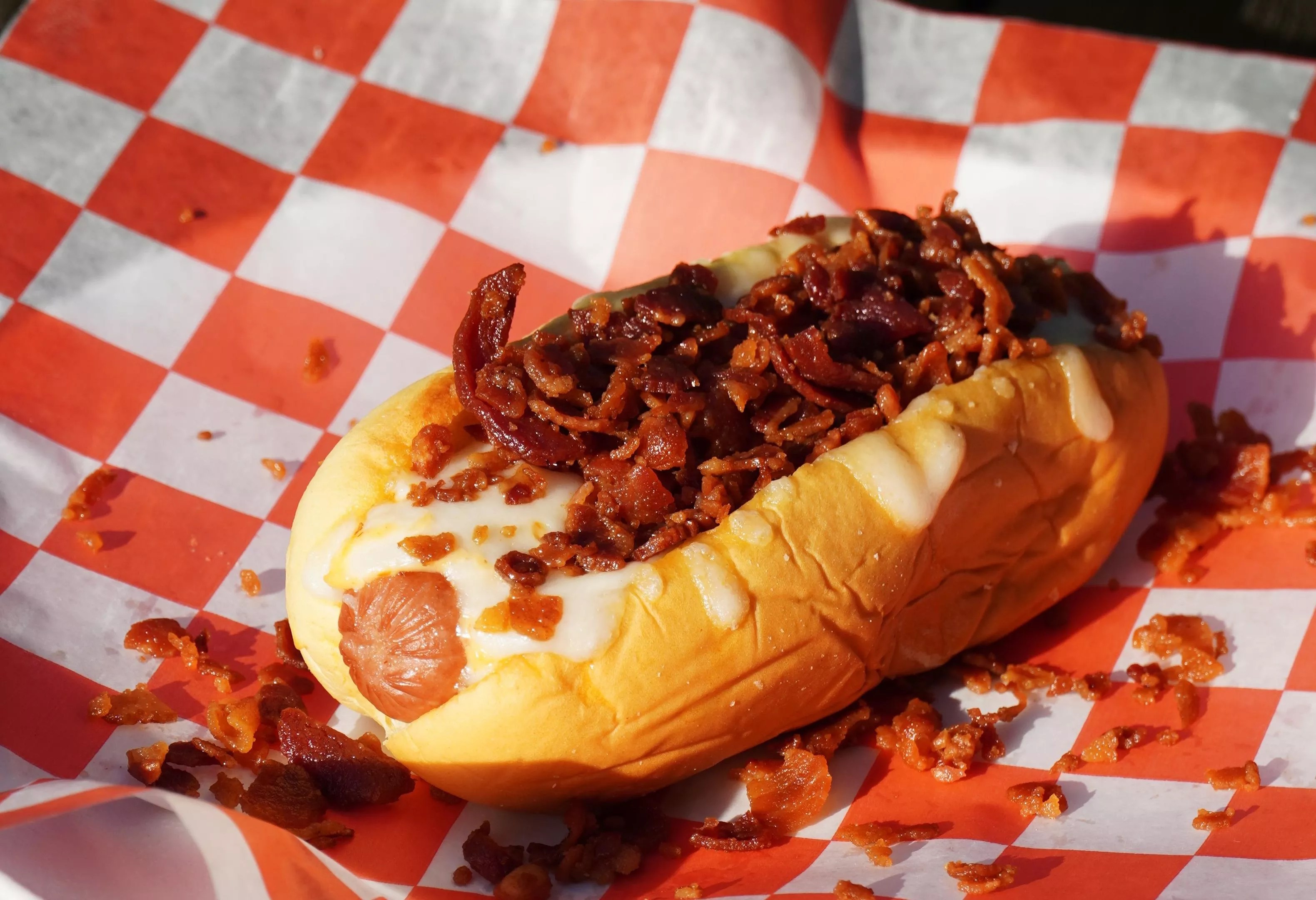 A hot dog with toppings on paper