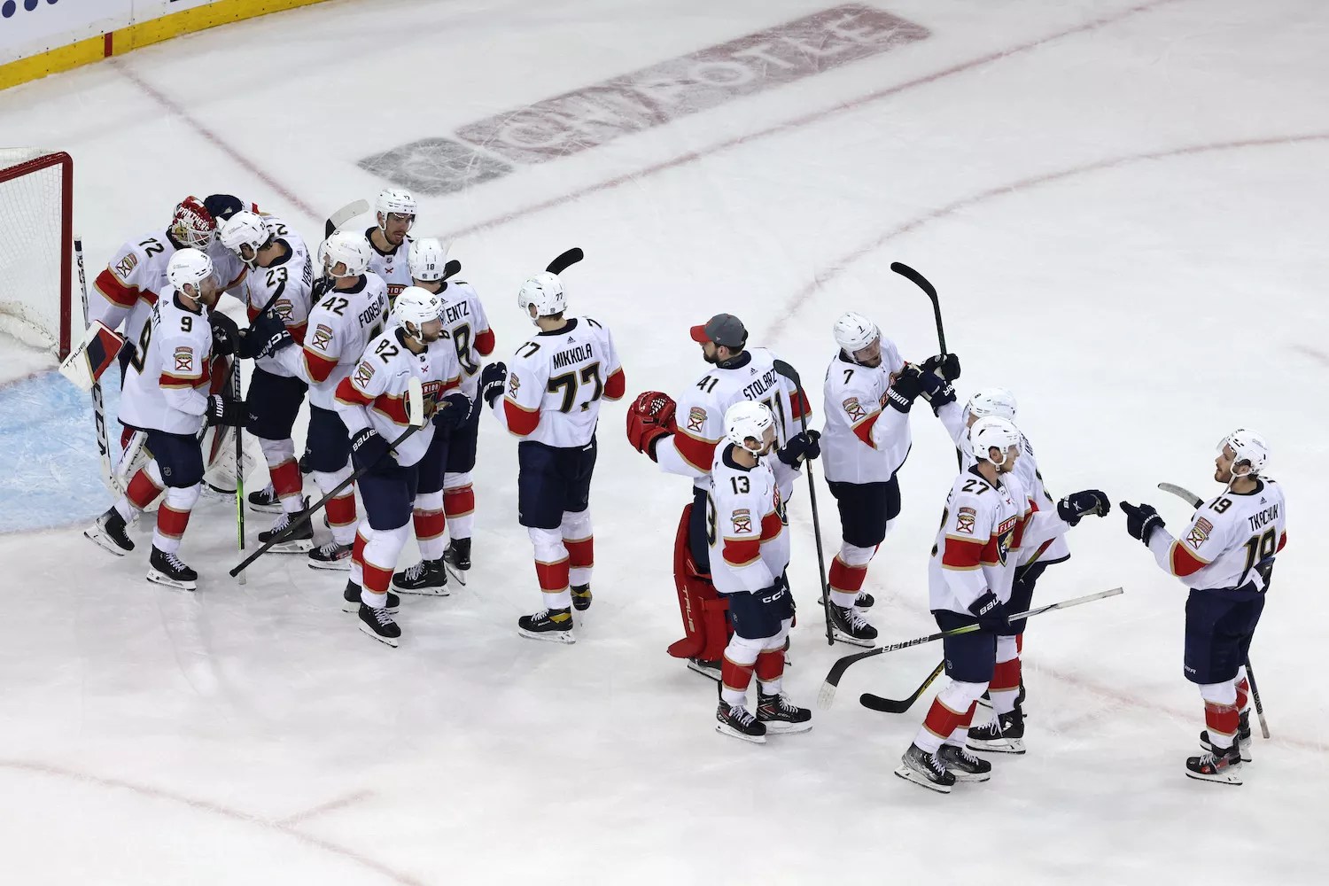 Florida Panthers players celebrate after a 3-2 victory against the New York Rangers in Game Five of the Eastern Conference Finals of the 2024 Stanley Cup Playoffs at Madison Square Garden on May 30, 2024 in New York City.