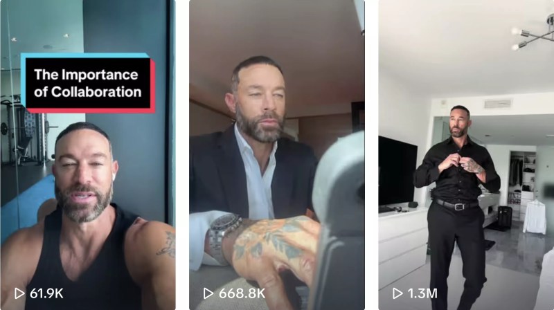 Three screenshots of former MLB player and manager Gabe Kapler doing his sexy motivational schtick on TikTok