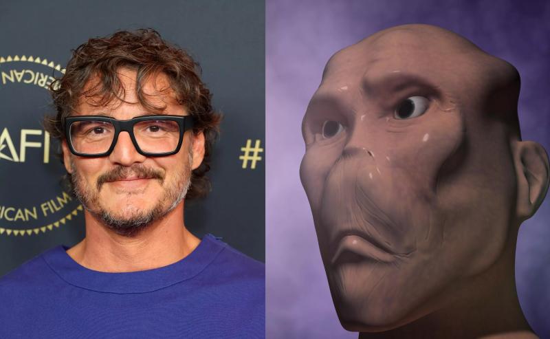 Actor, scholar Pedro Pascal alongside a crude digital rendering of an alien