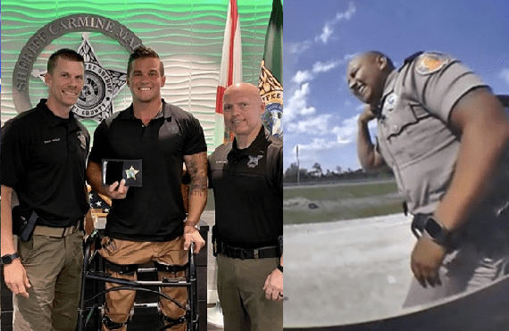 Split photo - (left) former congressman Madison Cawthorn posing with Lee County Sheriff's Office while receiving honorary deputization; (right) state trooper wincing after Cawthorn crashed into his vehicle