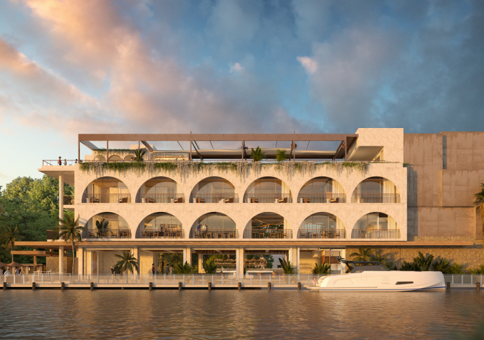 a restaurant rendering along a river