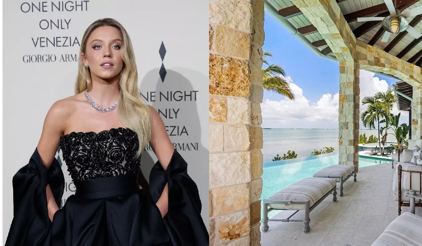 Split photo - left, actress Sydney Sweeney in a black gown at a Giorgio Armani photocall in Venice, Italy; right, Sweeney's paradisiacal patio outside her Florida Keys home