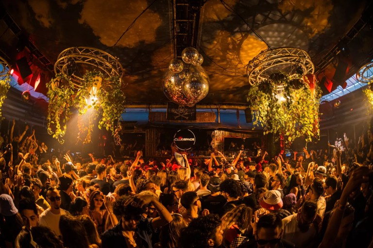 photo of a packed dance club with fixtures with dangling plants hanging from the ceiling