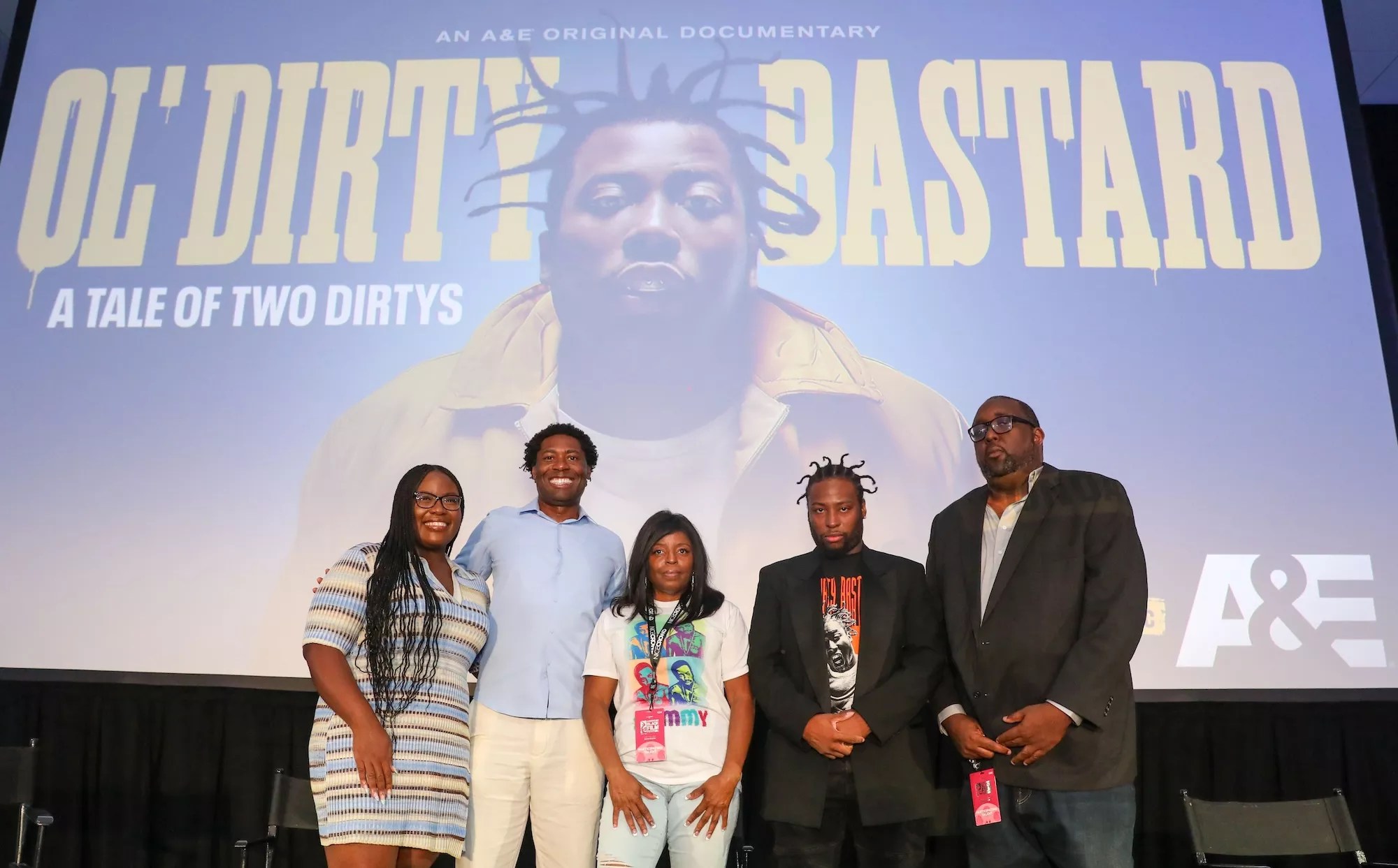 Jason Pollard and four people standing on stage during the ABFF premiere of Ol' Dirty Bastard: A Tale of Two Dirtys
