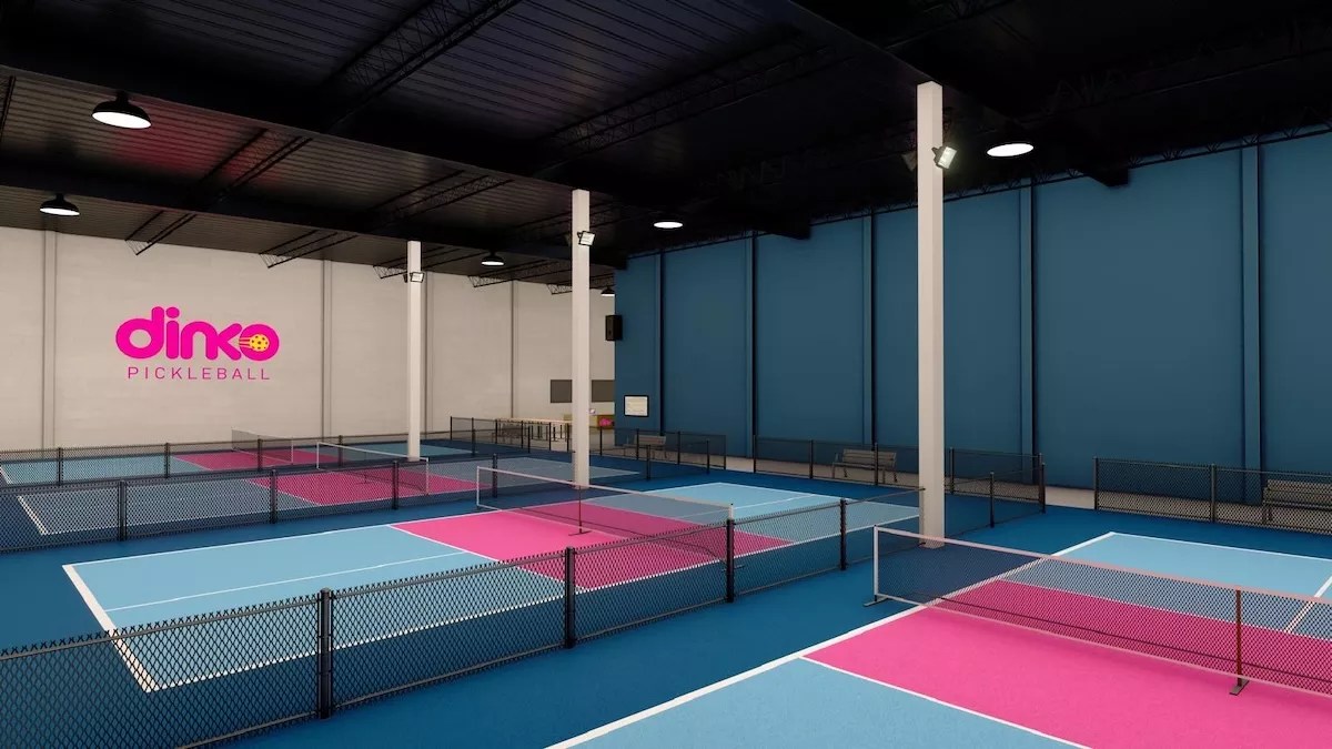 The pink and blue courts at Dinko Pickleball Complex.