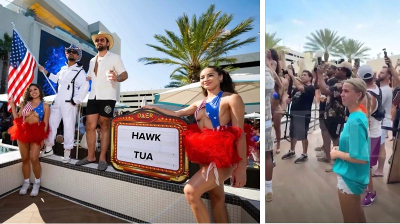 Haliey Welch, AKA "Hawk-Tuah Girl," wearing a Tua Tagovailoa shirt during an appearance at DAER Dayclub in Hollywood, Florida