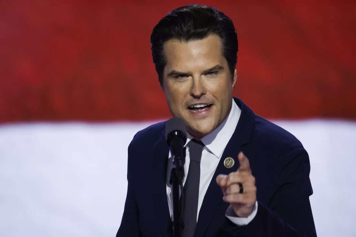 U.S. Rep. Matt Gaetz (R-FL), onstage at the 2024 RNC, wearing a suit, pointing at the crowd with his left index finger as if making a profound point, and sporting a bizarrely unnatural visage that small children and impressionable adults might find disturbing.