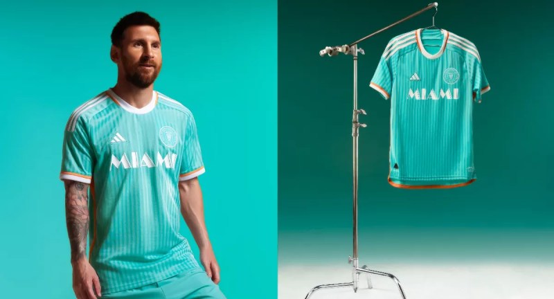Lionel Messi wearing Inter Miami's aqua and orange jersey