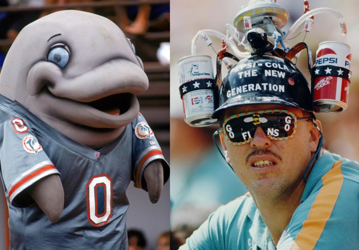 A frightening, bulbous iteration of the Miami Dolphins mascot. Side by side photo with picture of Dolphins fan with a hat equipped with Pepsi cans and straws