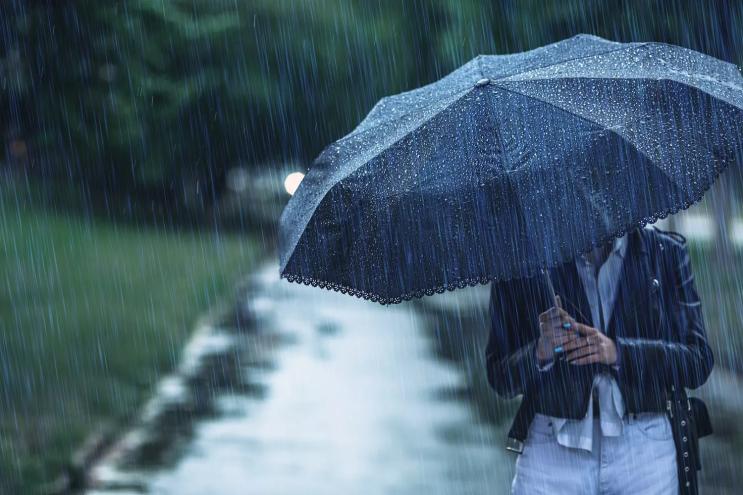 gloomy rain scene with open umbrella