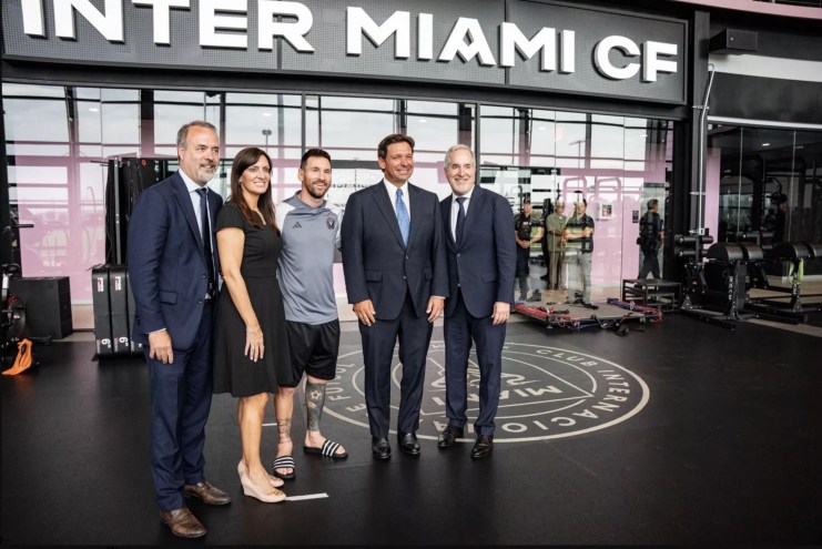 Gov. Ron DeSantis and Lieutenant Governor Jeanette Nuñez pose with superstar Lionel Messi and Inter Miami co-owners Jorge and Jose Mas