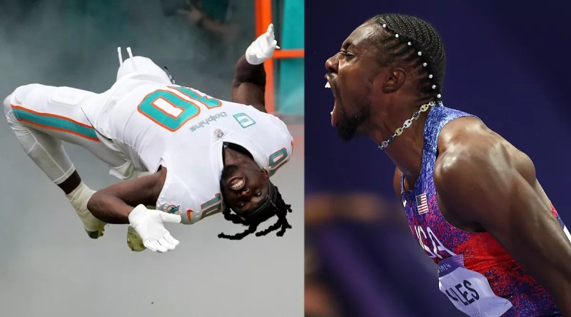 Side-by-side photos of football player Tyreek Hill flipping upside-down on the field, and Olympian Noah Lyles yelling at the top of his lungs