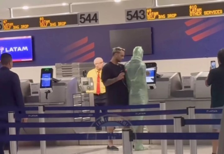 Three screenshots of a person wrapped in green luggage wrap at the check-in counter, standing on the luggage scale, and being unwrapped with Miami-Dade police looking on.