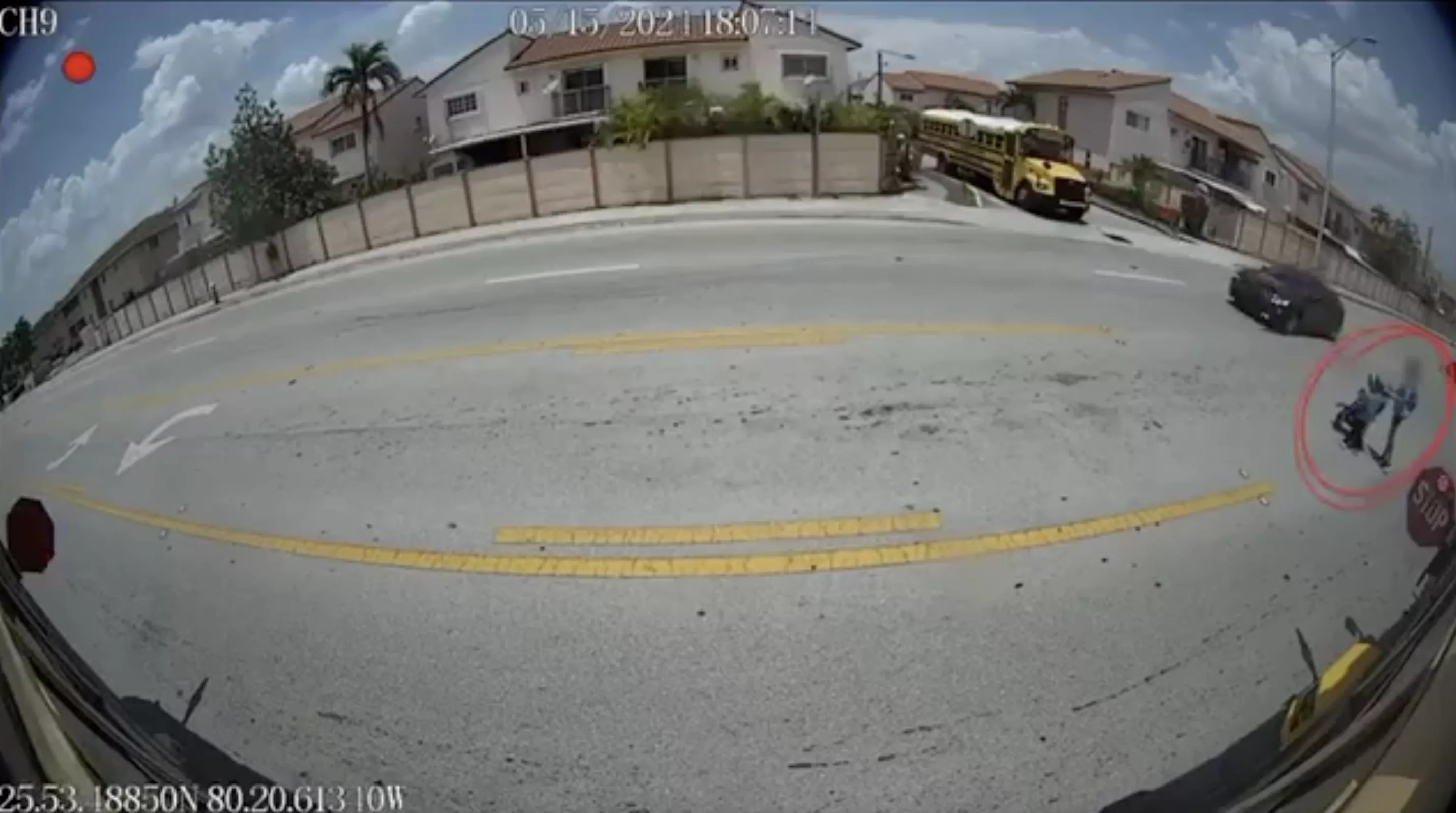 school bus cam capturing a violator who failed to stop while a kid was actually crossing the street