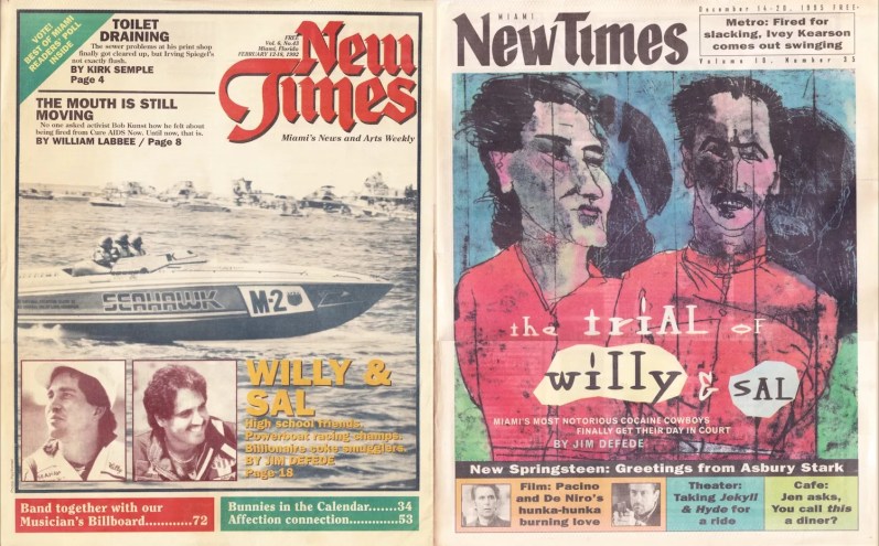 Images of two Miami New Times covers, one showing a speedboat, the other an illustration by Robert Andrew Parker, from the paper's archives