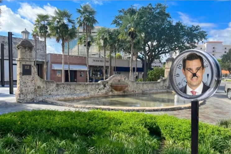 Rendering of the new clock in Coral Gables. Vince Lago's face is featured on the face on the clock.