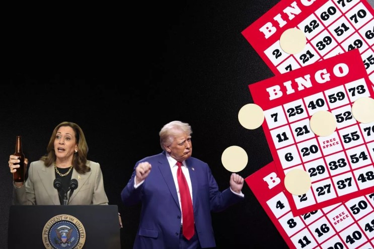A photoshopped image of Donald Trump and Kamala Harris next to bingo cards.