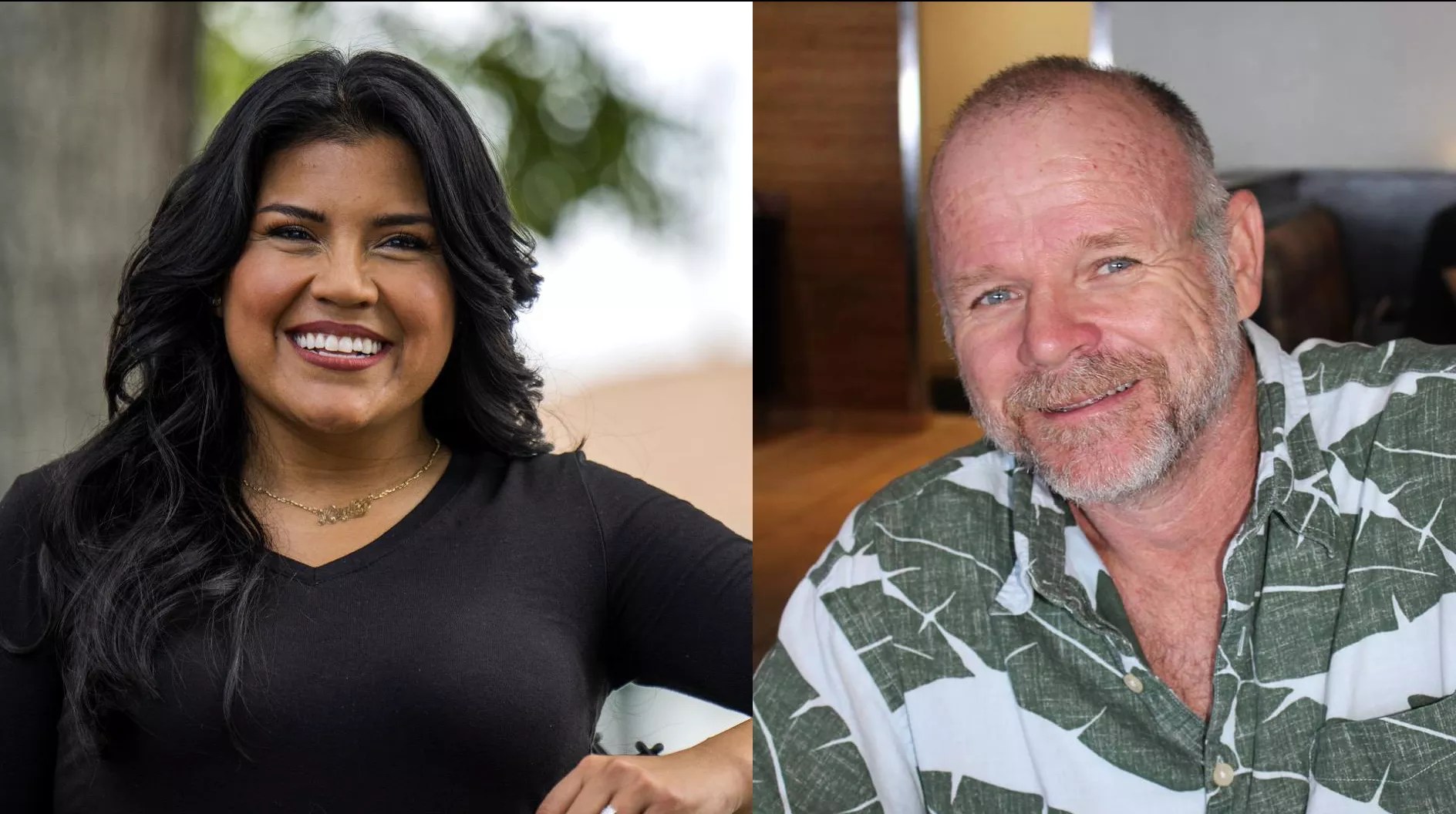 side by side portrait photos of a woman and a man