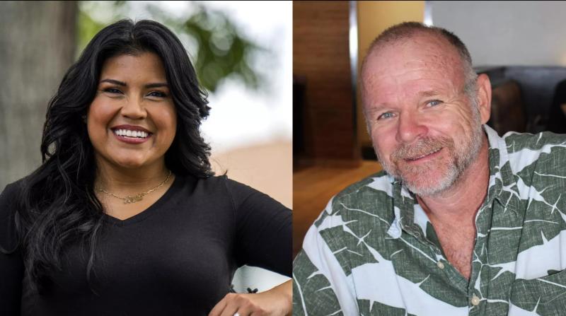 side by side portrait photos of a woman and a man