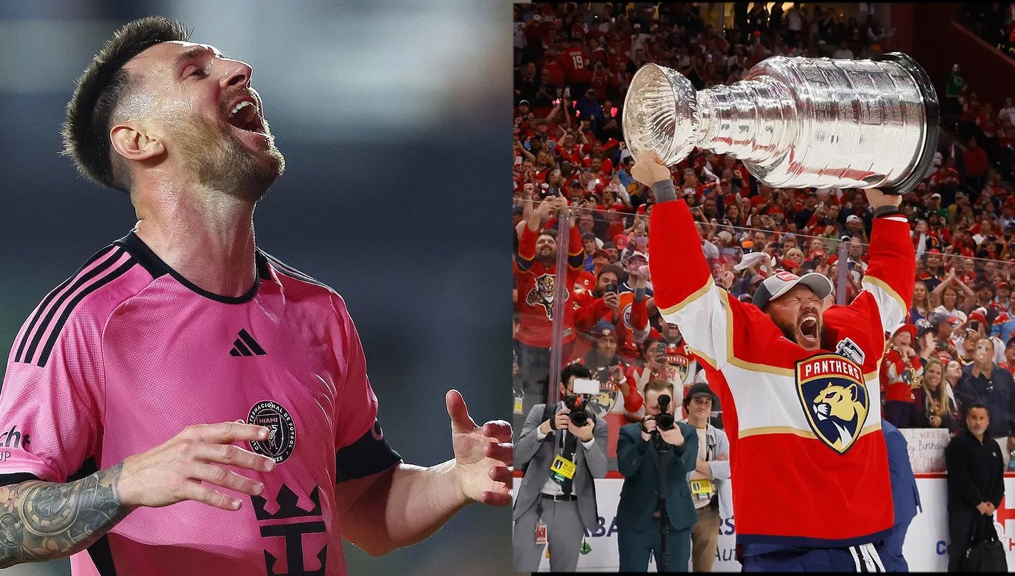 side-by-side photos of Lionel Messi and Kyle Okposo embodying the joy of victory