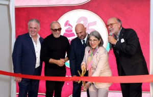 Nelson Albareda, Emilio Estefan, Gary Nader, Miami-Dade County Mayor Daniella Levine Cava, and Manuel Abud, at the opening of "The Latin Grammy Collection: 25 Years of Music and Art"