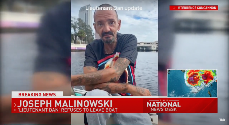 A photo of one-legged Tampa man Joseph Malinowski (better known as "Lieutenant Dan"), who became an overnight sensation while insisting to ride out the hurricane aboard his small sailboat in Tampa Bay.