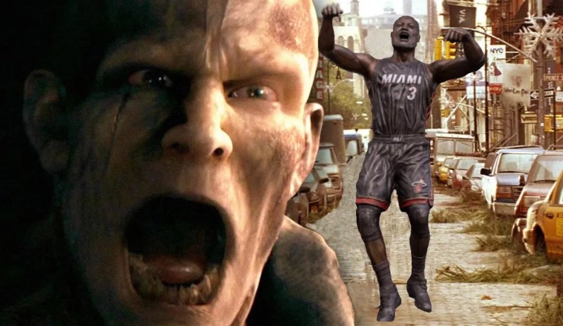 Dwyane Wade photoshopped into Will Smith's place in the background of a scene with a Darkseeker from the 2007 film "I Am Legend"