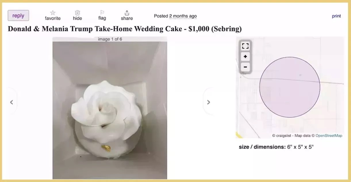 screenshots of a Donald Trump and Melania Knauss Trump 2005 "take-home" wedding cake for sale on Craigslist