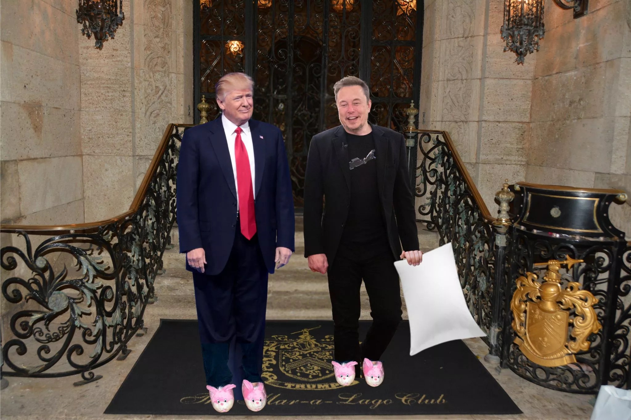 Elon Musk and Donald Trump wearing fuzzy slippers in front of Mar-a-Lago. Musk is holding a pillow in his left hand.