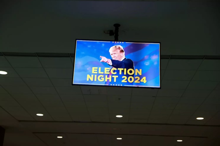 A sign welcomes people for the election night watch party for Republican presidential nominee former President Donald Trump at the Palm Beach County Convention Center on November 05, 2024, in West Palm Beach, Florida.