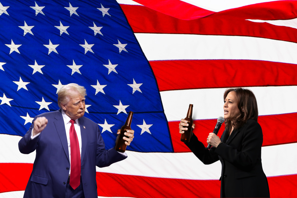 Donald Trump and Kamala Harris pound brewskis in front of an American flag, with lotsa crushed beer cans piled up between them