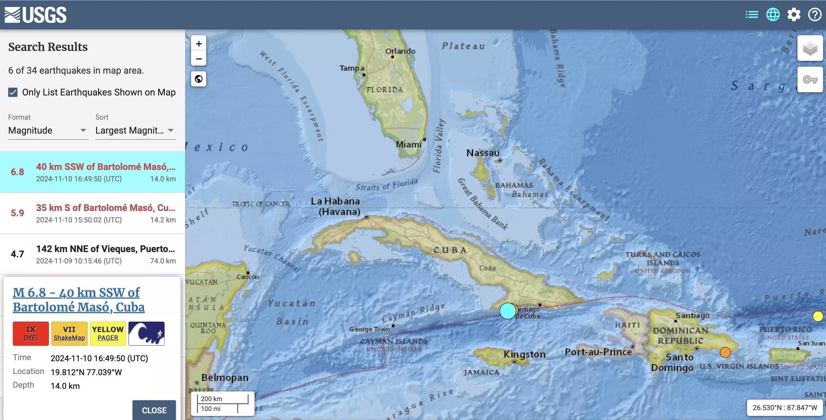 USGS map showing the location of a November 10, 2024, earthquake.