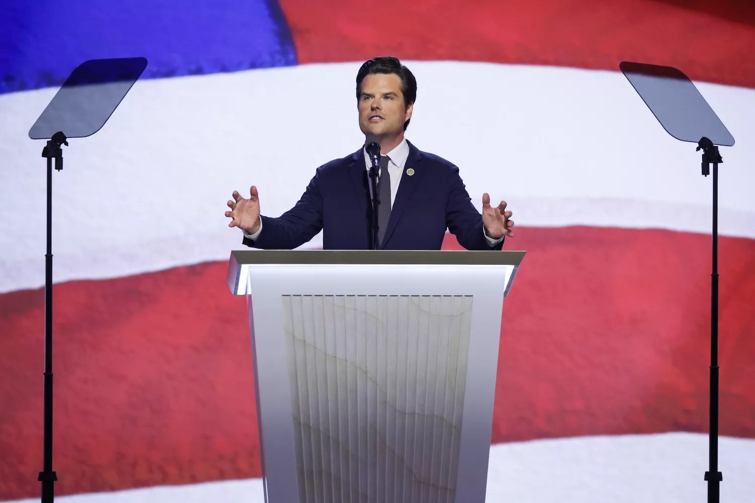 U.S. Rep. Matt Gaetz of Florida addresses GOP delegates from the lectern at the 2024 Republican Convention in Milwaukee