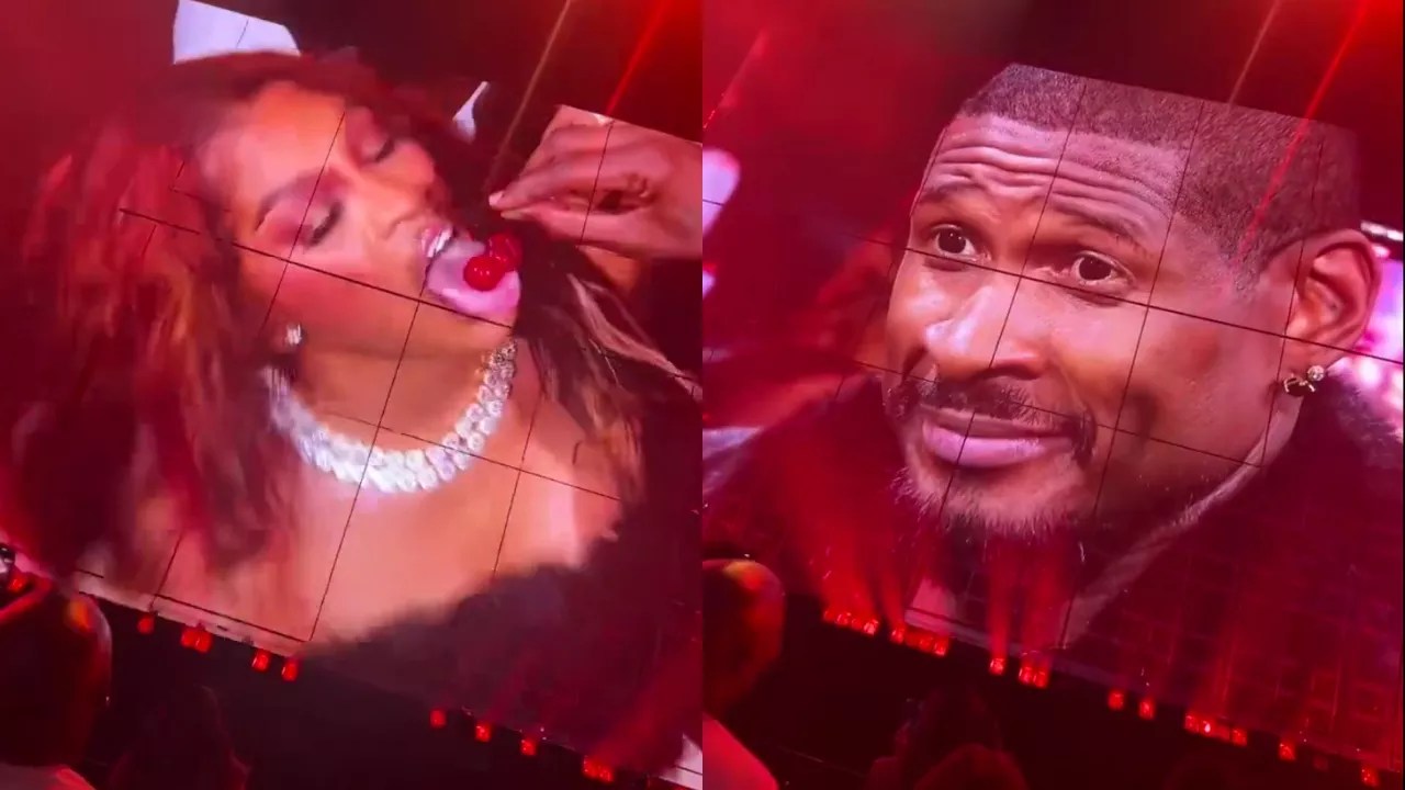 Drew Sidora passionately licking cherries dangled by Usher, with Usher reacting with a mix of amusement and disbelief during his Miami concert
