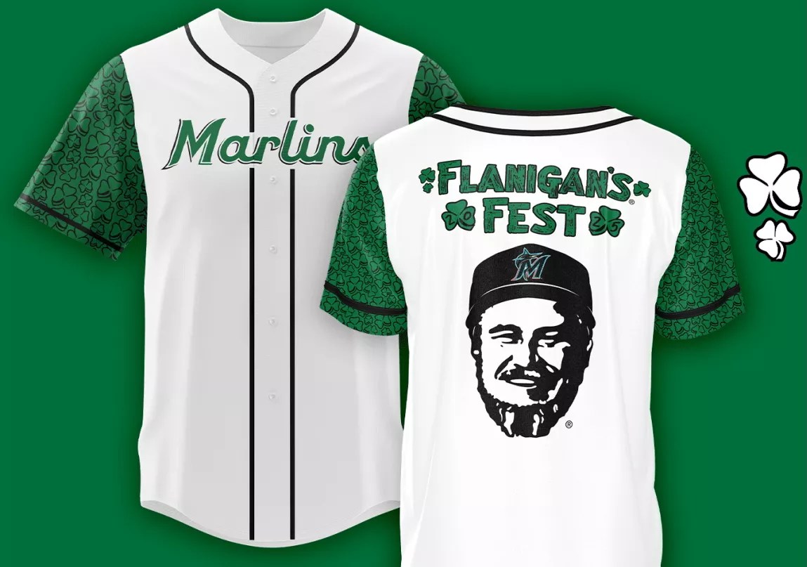 Miami Marlins graphic showing green and white "Flanigan's Fest" jersey, front and back views