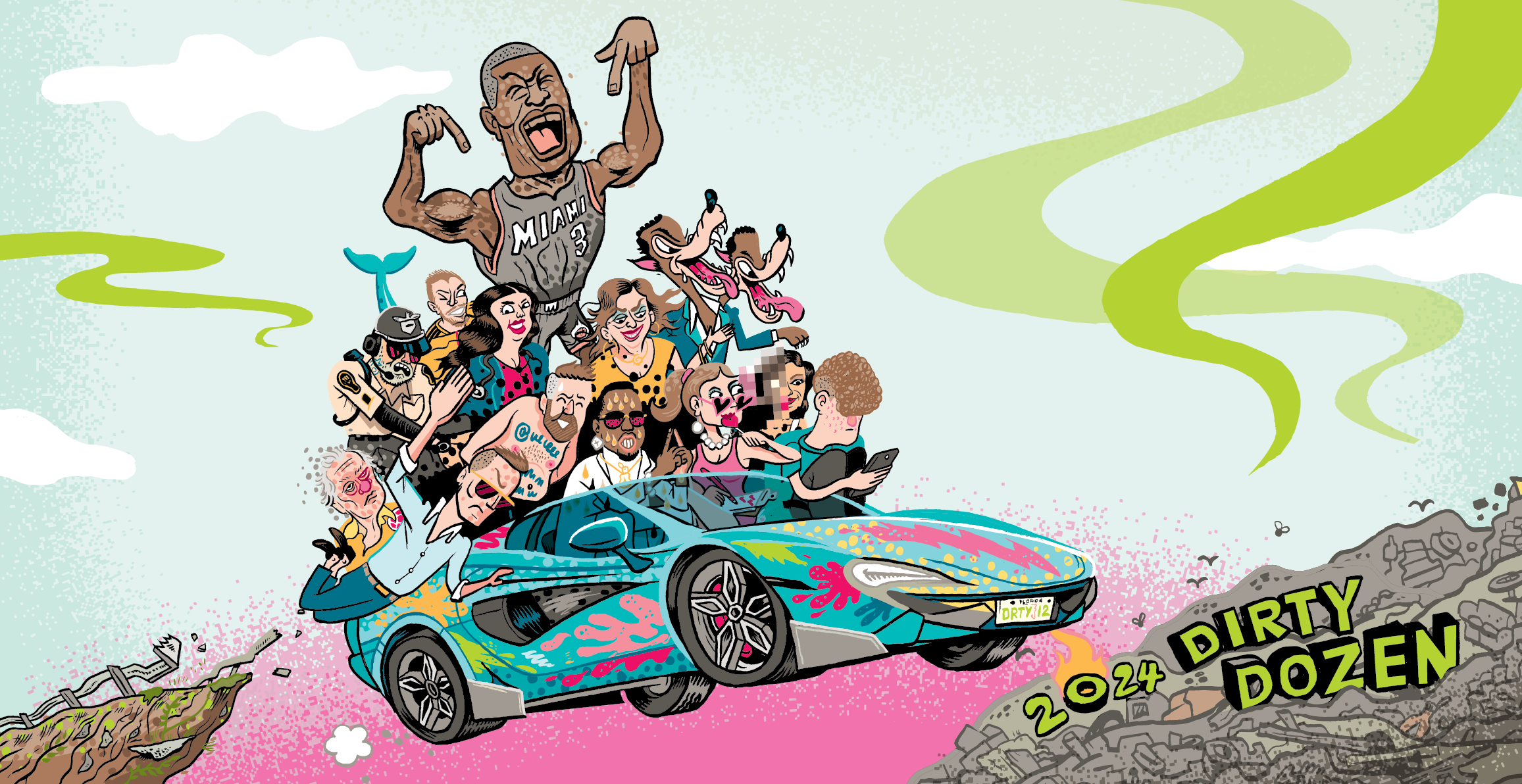 Caricatures of each member of the <i>New Times</i> 2024 "Dirty Dozen," all of whom in some way tempt us to say, "No!" when people ask if we're from Miami.