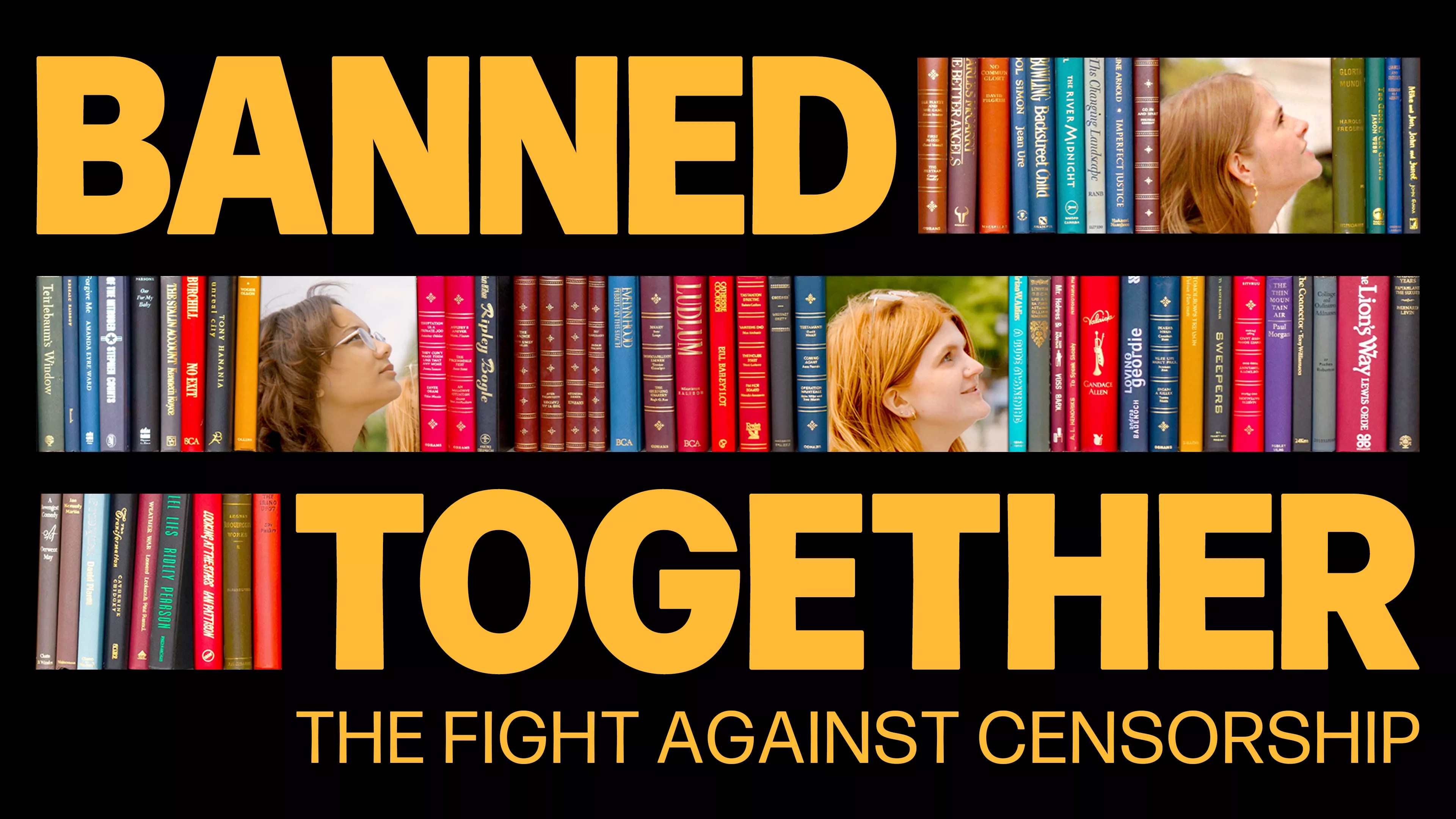 A poster for Banned Together, a documentary that shines a spotlight on the escalating fight against book bans in America. It portrays three teens alongside shelves of colorful books.