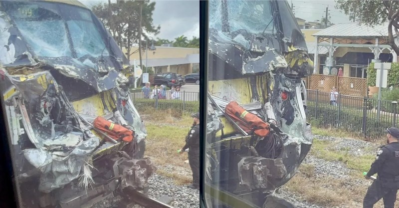 The mangled front of a Brightline train following a collision with a fire truck.