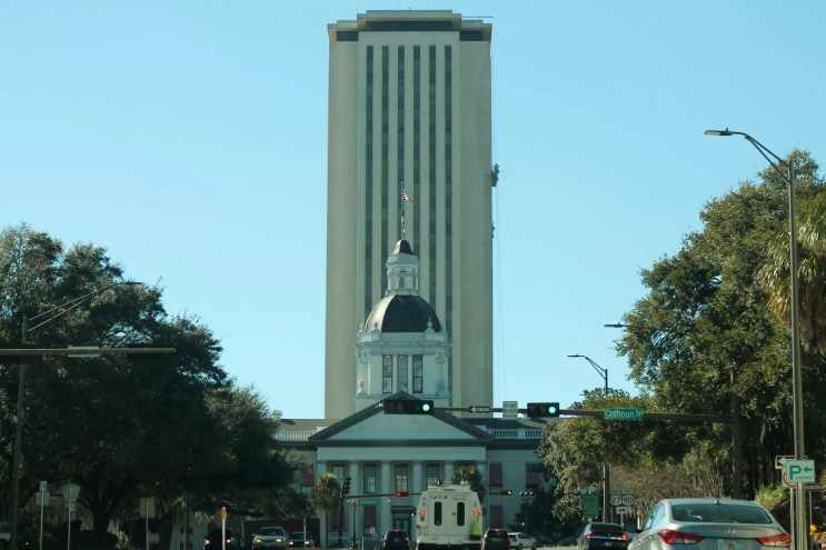 A sunny day view of the Florida Capitol complex off US Route 27 in Tallahassee