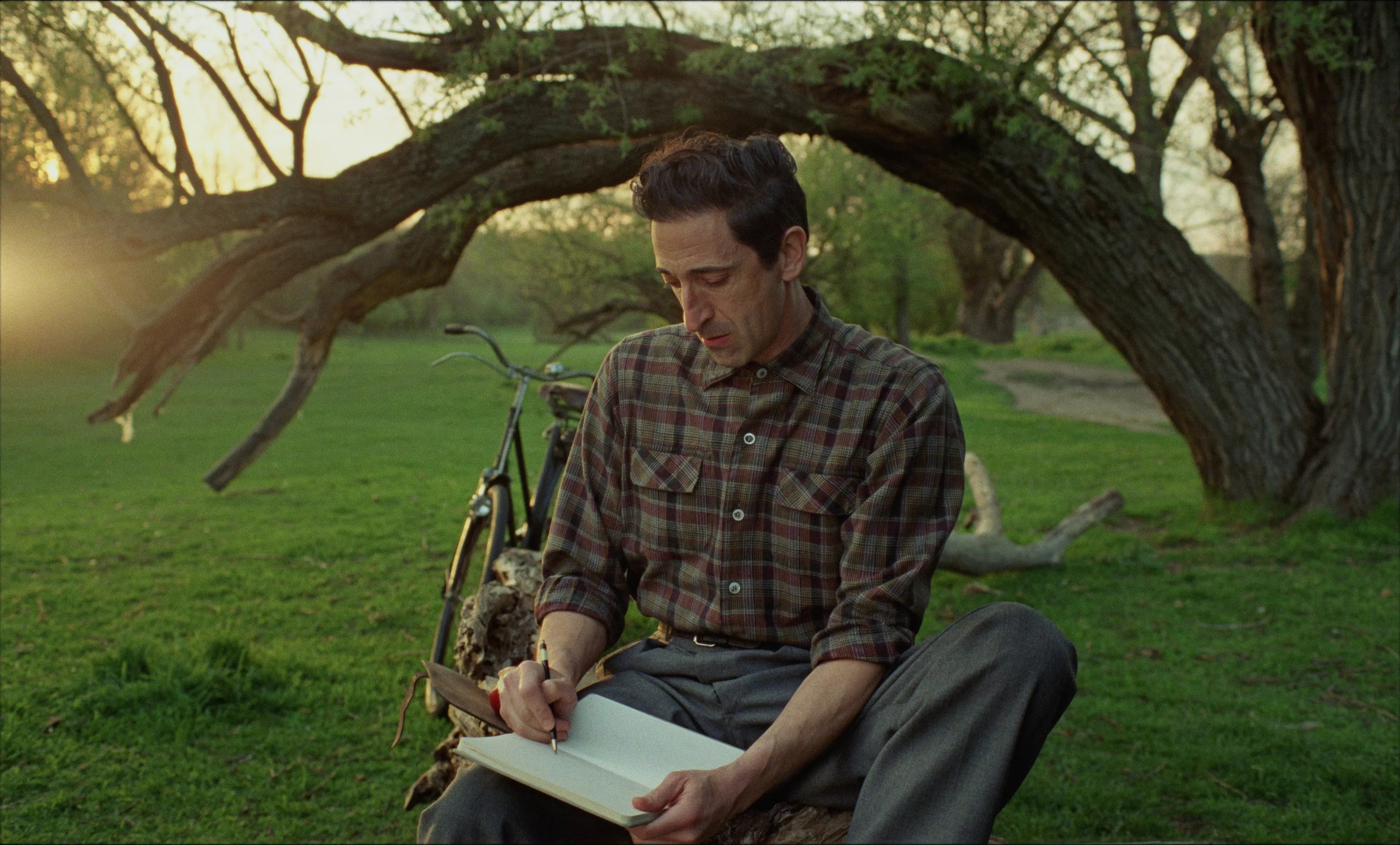 A man sits in front of a tree, drawing in a sketchbook. His bicycle can be seen in the background.
