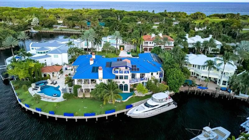Aerial backyard shot featuring fish-shaped pool.