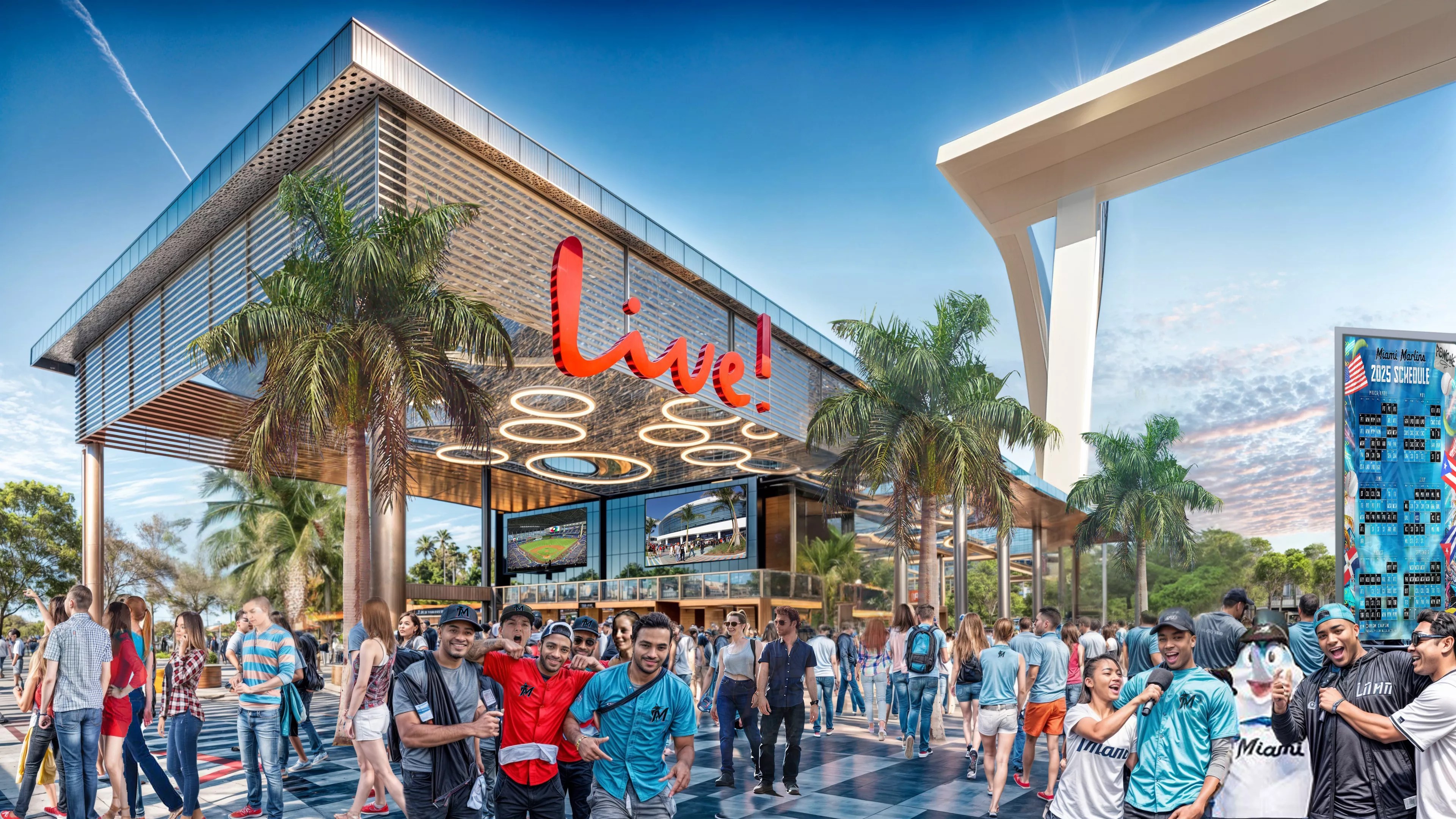 Rendering of an entertainment venue with fans in Marlins shirts scattered around the complex. A neon sign in red letters reads, "Live!"