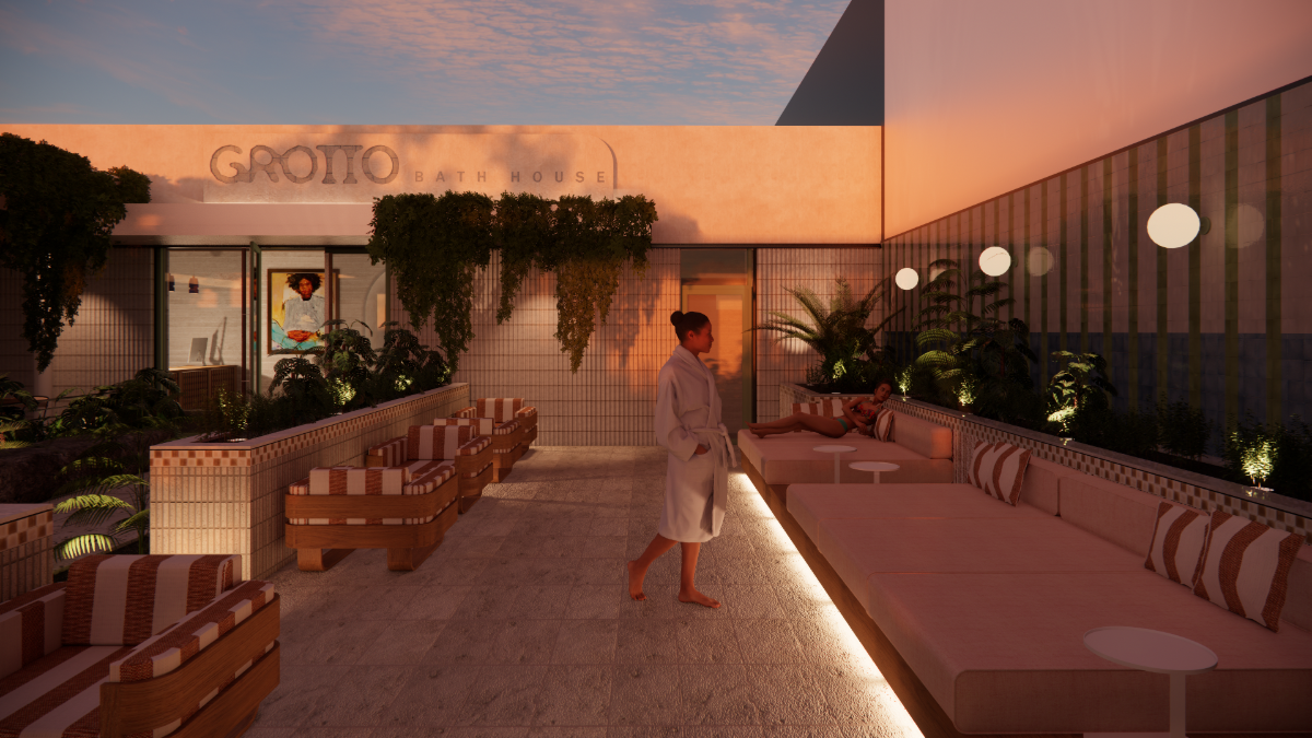 rendering of the facade of spa at golden hour