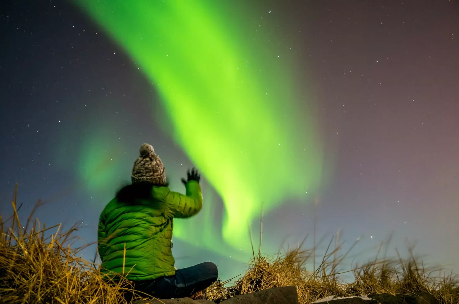 A person in a beanie and thick green jacket looks up at green Northern Lights.